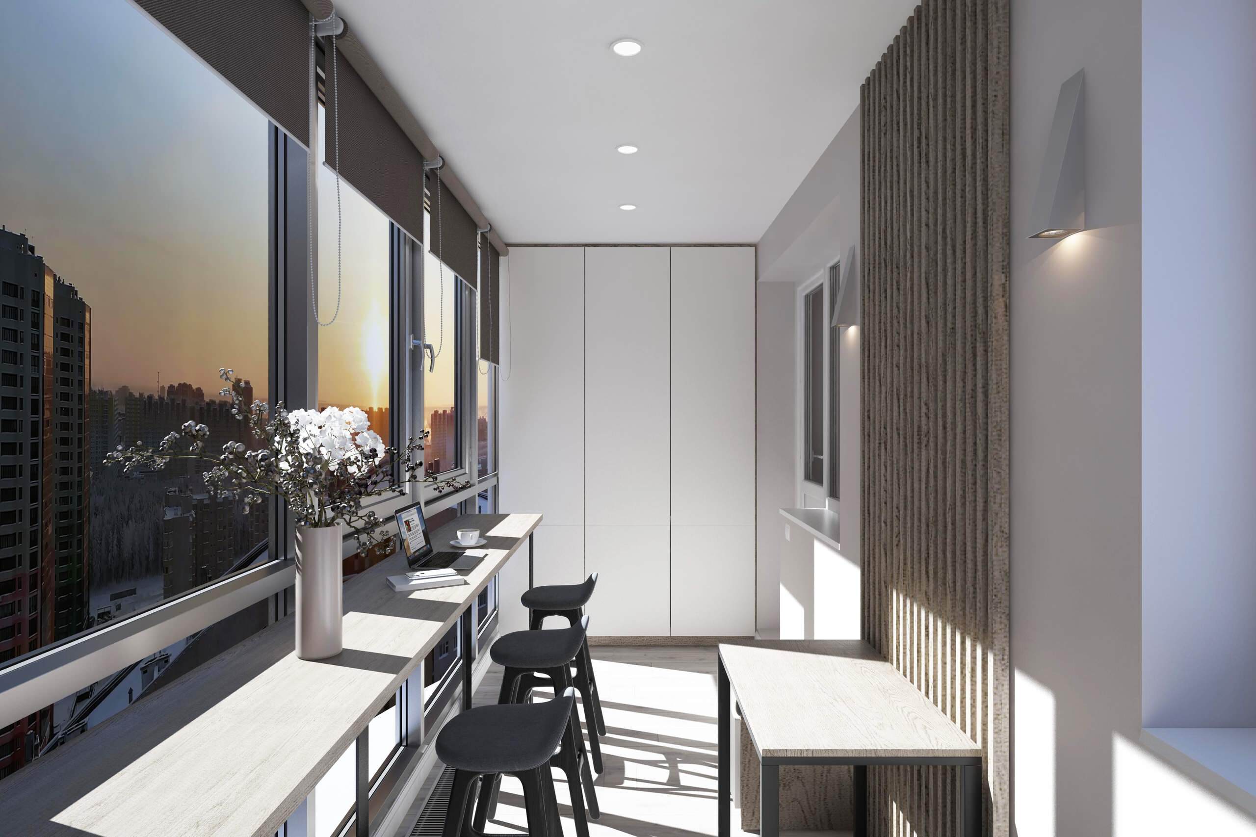 Интерьер кухни с балконом, рейками с подсветкой и подсветкой светодиодной в современном стиле