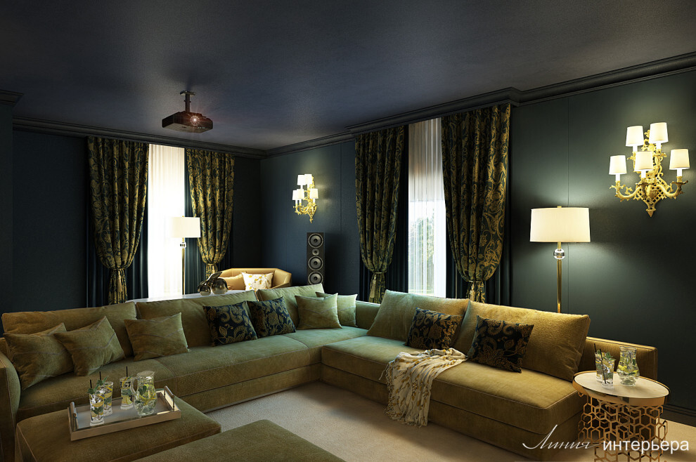 Интерьер гостиной с подсветкой настенной в классическом стиле