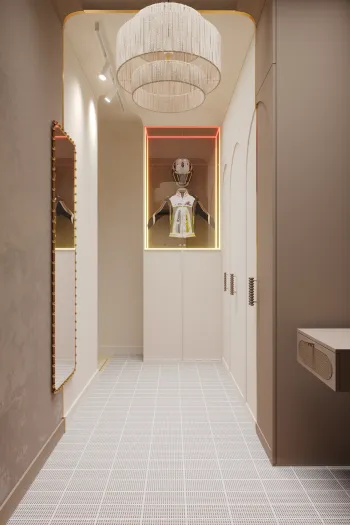 Интерьер с проходной, зеркалом на двери и с подсветкой  смотреть на Basicdecor