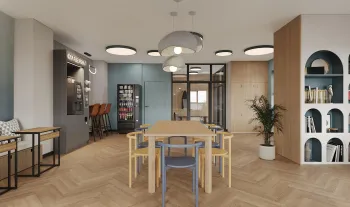 Интерьер столовой cветильниками над столом  смотреть на Basicdecor