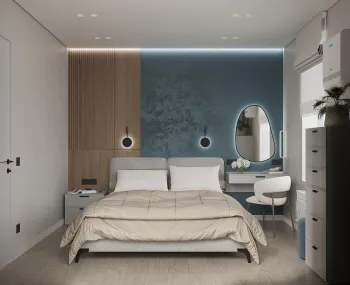 Интерьер спальни cветильниками над кроватью и с подсветкой  смотреть на Basicdecor