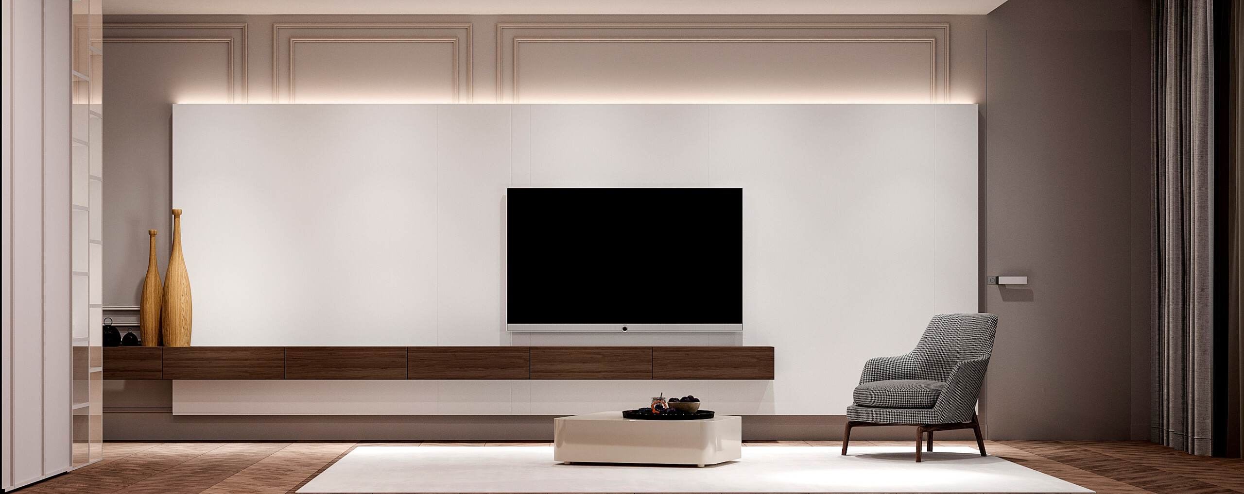 Интерьер гостиной с нишей с подсветкой, стеной с телевизором, керамогранитом на стену с телевизором, рейками с подсветкой, подсветкой настенной, подсветкой светодиодной и с подсветкой в неоклассике