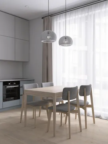 Интерьер кухни cветильниками над столом  смотреть на Basicdecor