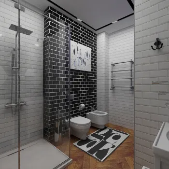 Интерьер ванной c рабочим местом и душевой из плитки  смотреть на Basicdecor