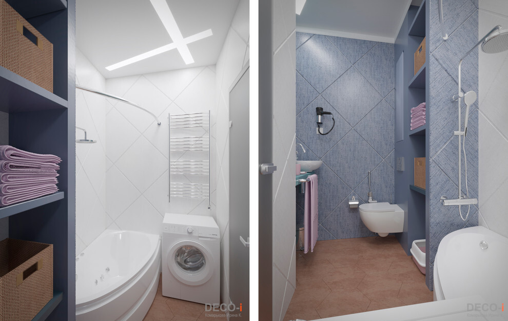 Интерьер ванной cовмещенным санузлом и подсветкой светодиодной в современном стиле