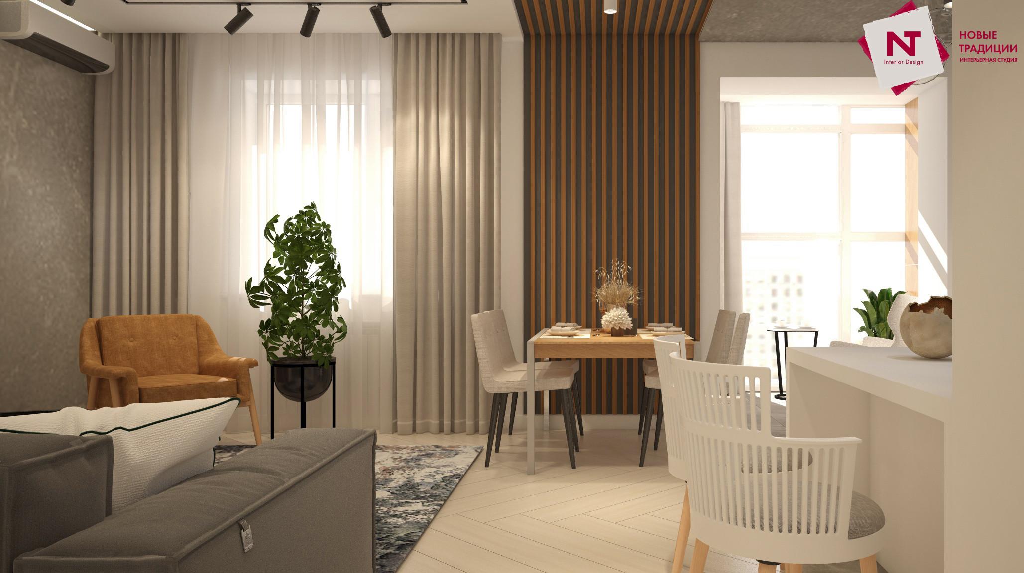 Интерьер гостиной с зонированием рейками, телевизором на рейках, переговорной и вертикальными жалюзи в современном стиле
