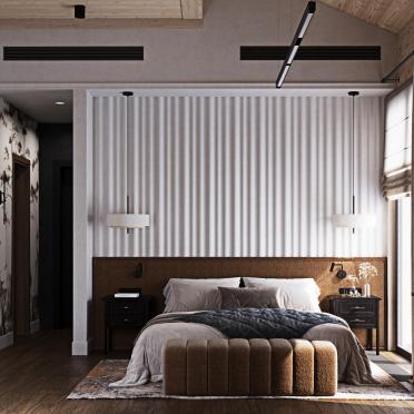 Интерьер спальни с телевизором на рейках  смотреть на Basicdecor