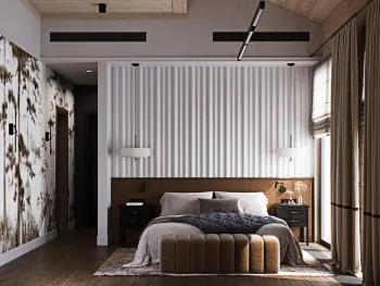 Интерьер спальни с телевизором на рейках  смотреть на Basicdecor