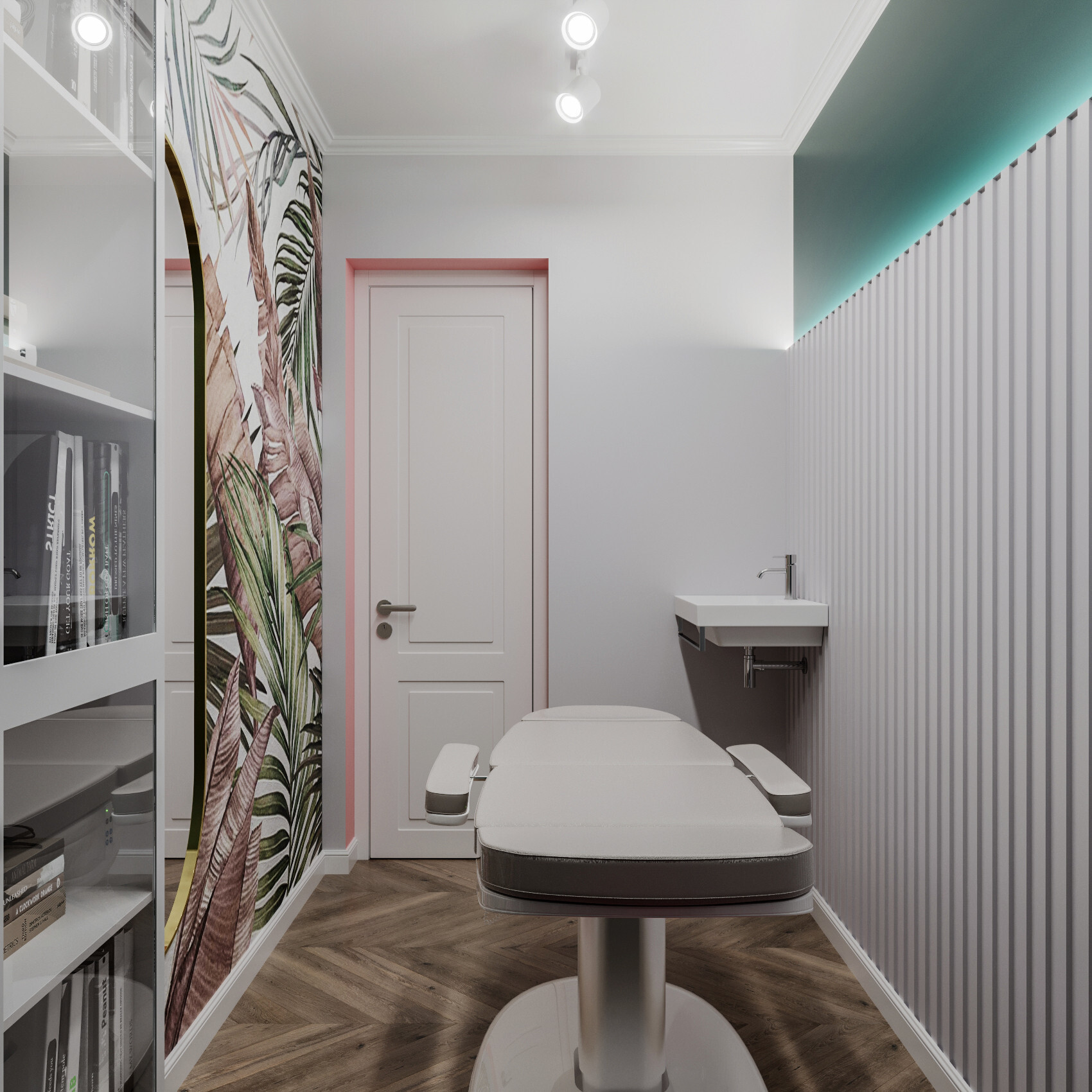 Интерьер ванной с проходной, вертикальными жалюзи, рейками с подсветкой и подсветкой светодиодной