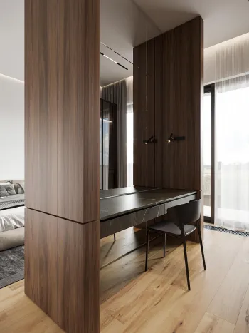 Интерьер кабинета и спальни с ресепшном и шкафом у кровати  смотреть на Basicdecor