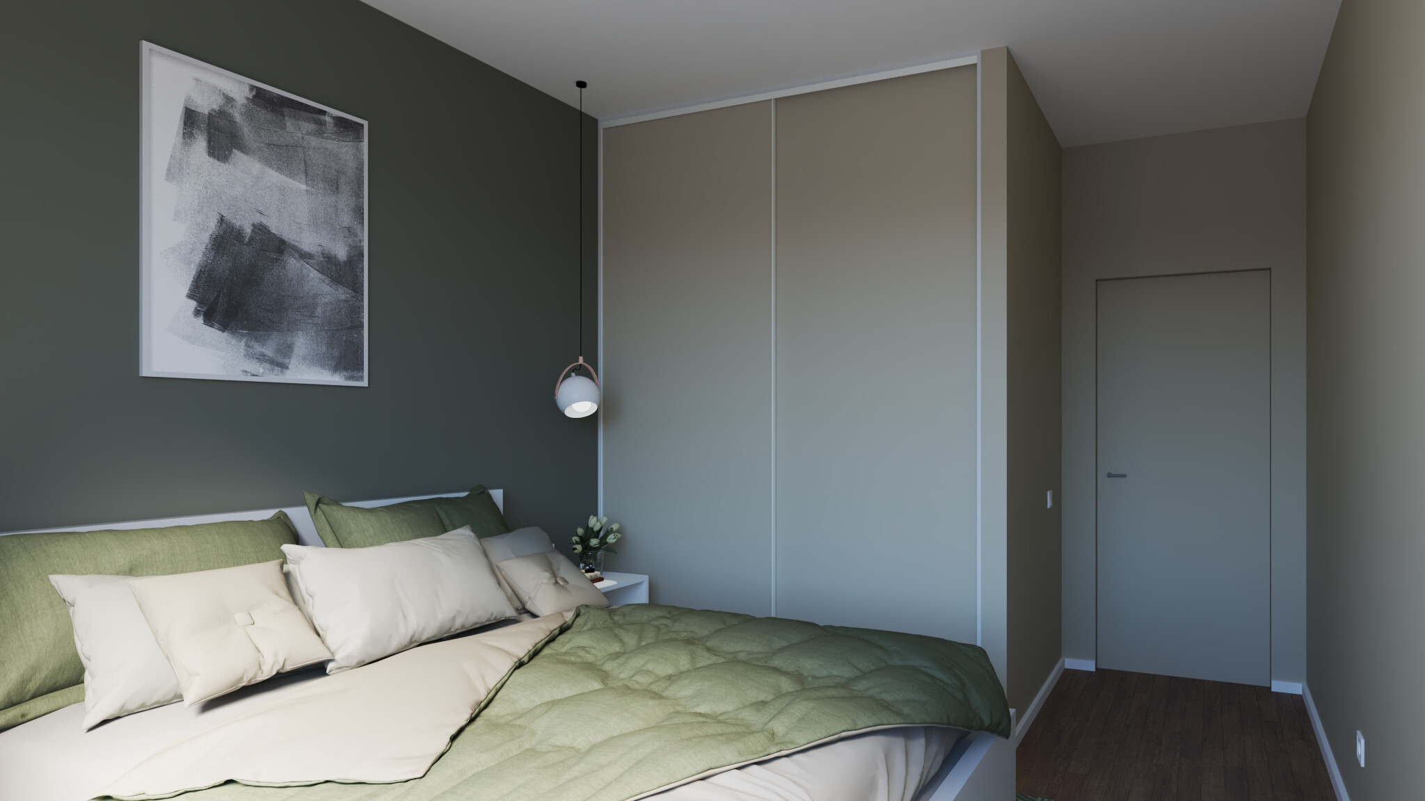 Интерьер спальни с шкафом над кроватью, шкафом напротив кровати и шкафом у кровати в скандинавском стиле