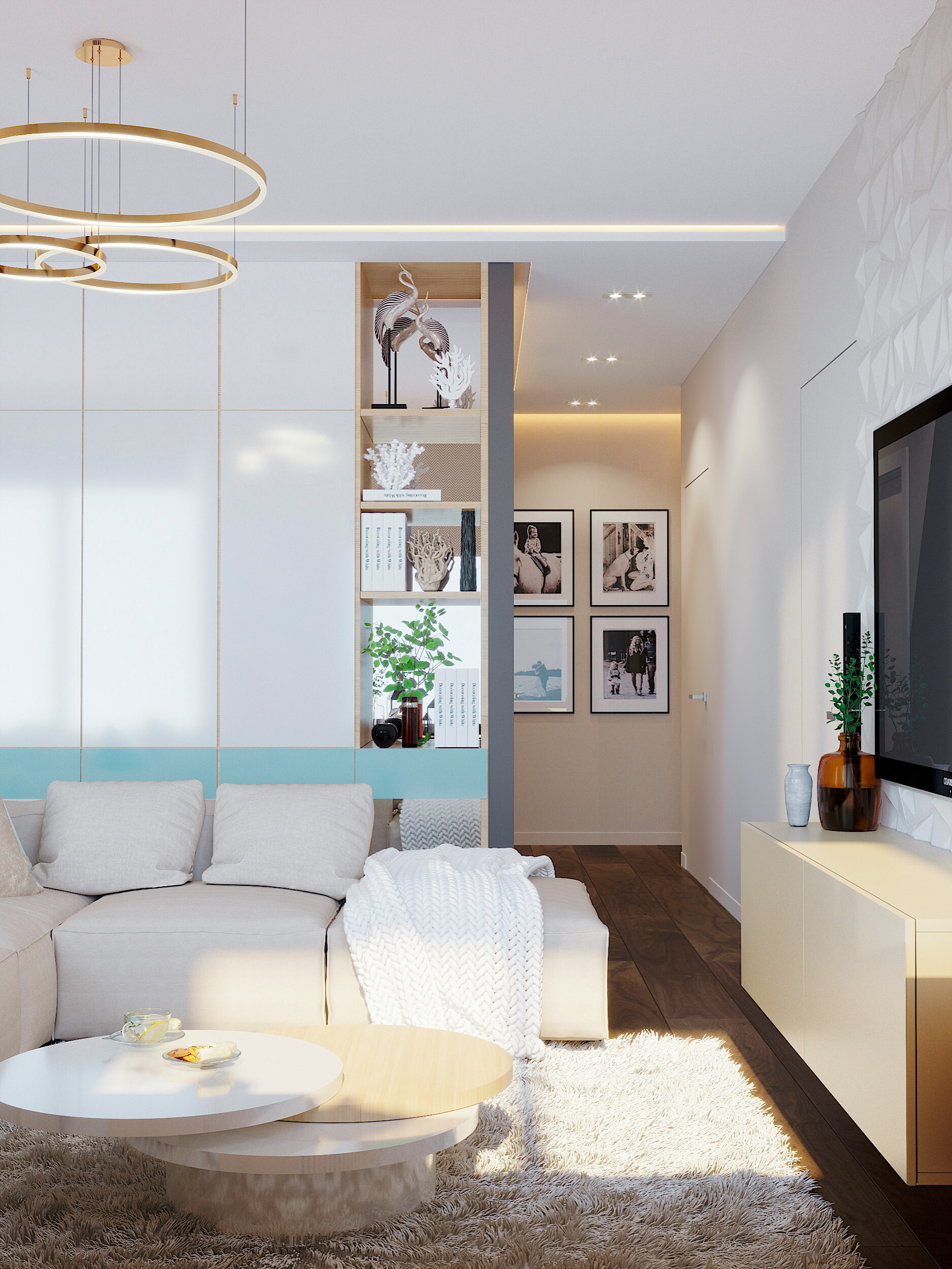 Интерьер гостиной с зонированием, проходной, балконом и подсветкой светодиодной в современном стиле