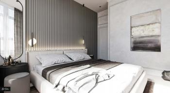 Интерьер спальни cветовыми линиями, рейками с подсветкой, бра над кроватью, подсветкой настенной, подсветкой светодиодной, светильниками над кроватью и с подсветкой в современном стиле и в стиле лофт