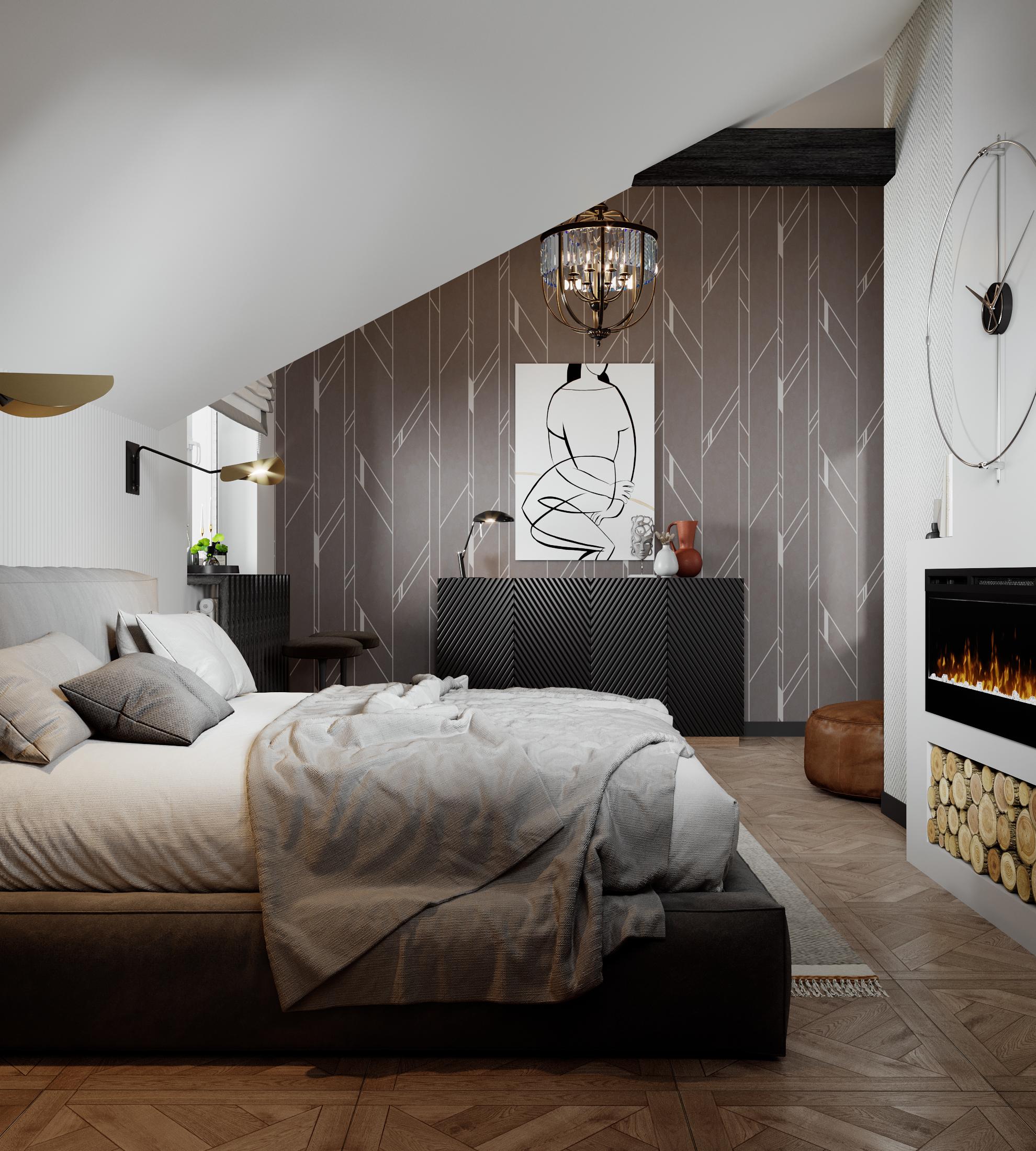 Интерьер спальни cветильниками над кроватью в стиле лофт