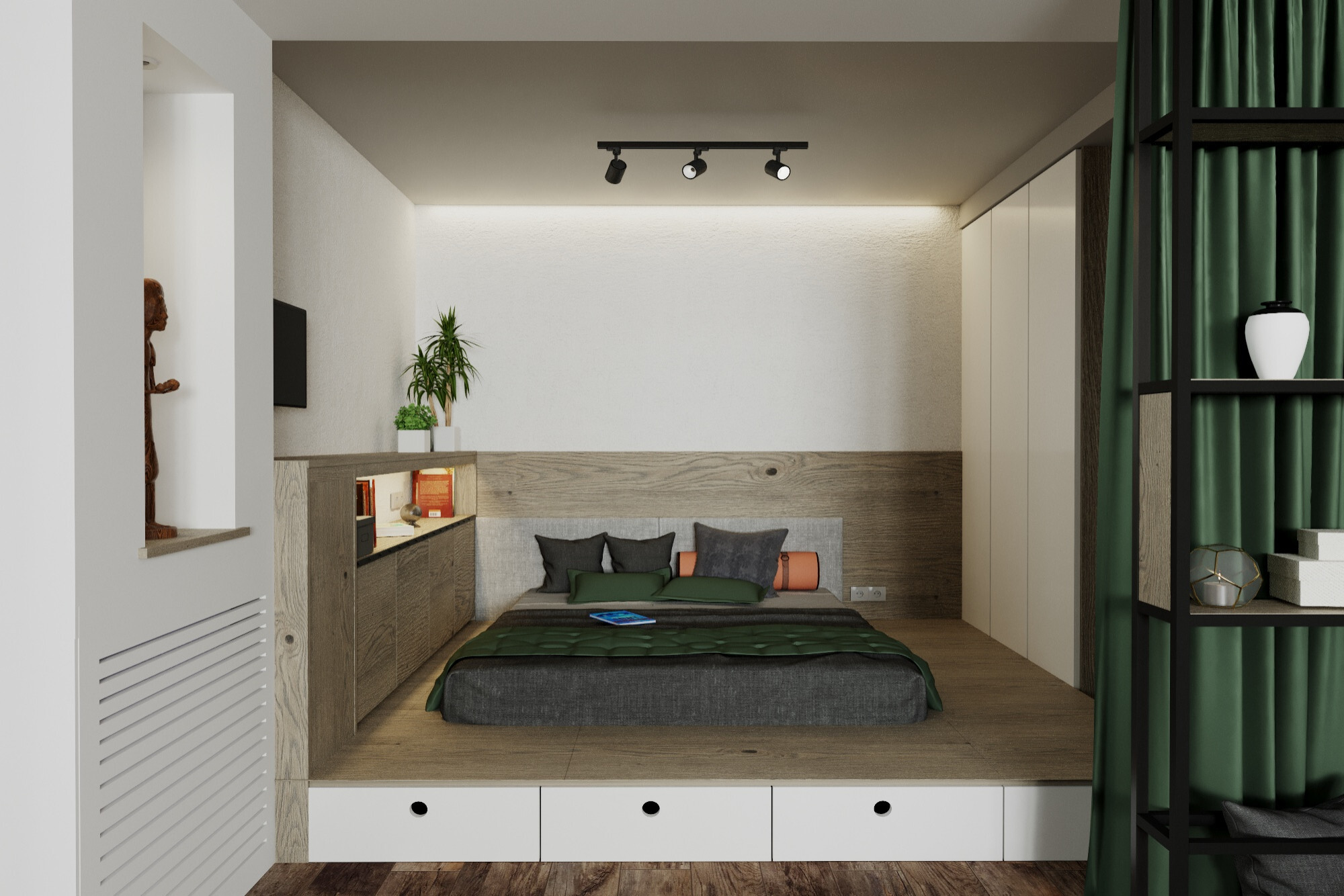 Интерьер спальни с рейками с подсветкой, бра над кроватью, подсветкой светодиодной и светильниками над кроватью в стиле лофт и эко