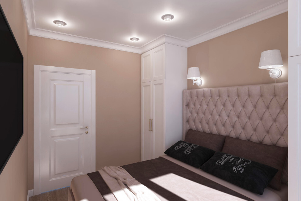 Интерьер спальни cветовыми линиями, подсветкой настенной и подсветкой светодиодной в современном стиле