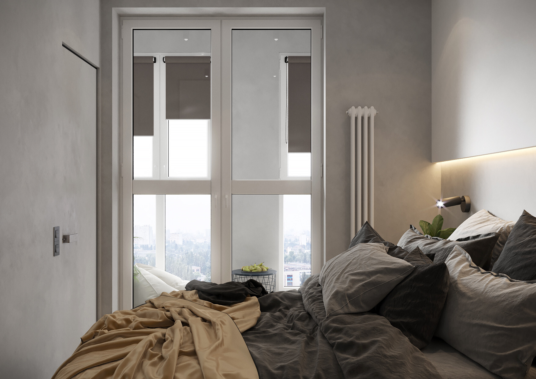 Интерьер спальни с жалюзи и дверными жалюзи в современном стиле