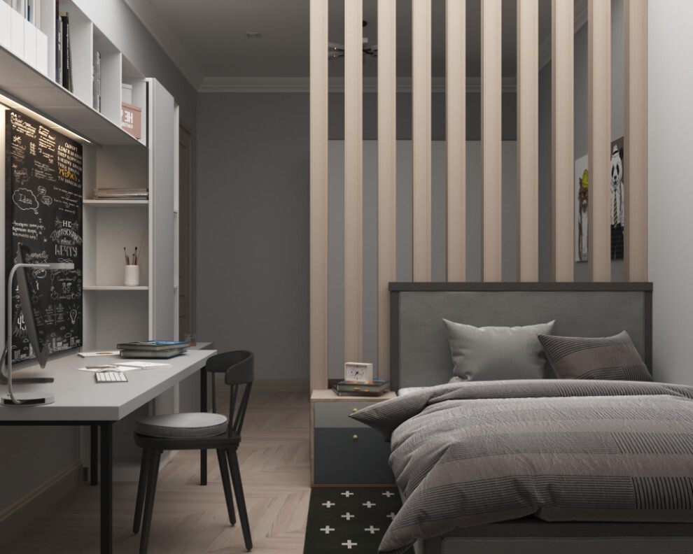 Интерьер спальни с зонированием рейками, телевизором на рейках, вертикальными жалюзи и рейками с подсветкой в современном стиле