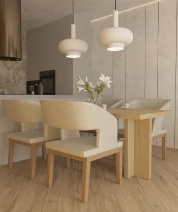 Интерьер кухни cветильниками над столом  смотреть на Basicdecor