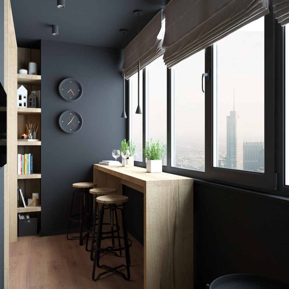 Интерьер кухни с балконом и панорамными окнами в стиле лофт