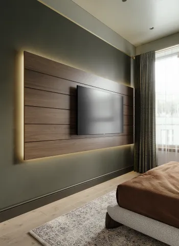Интерьер спальни с нишей с подсветкой, телевизором на стене, с подсветкой и аквариумом в стене  смотреть на Basicdecor