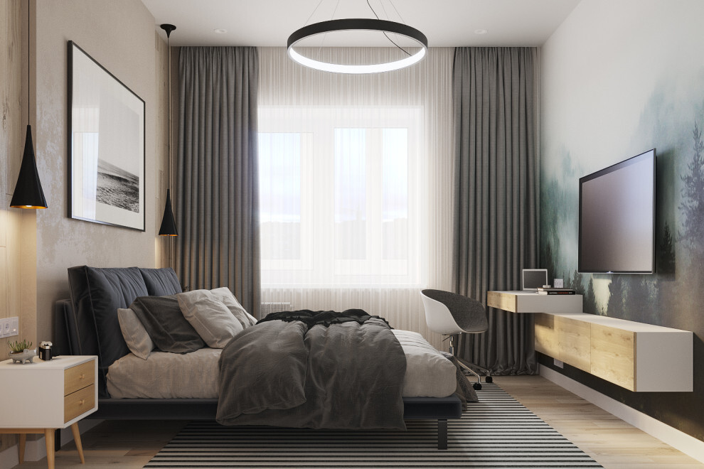 Интерьер спальни c рабочим местом, подсветкой светодиодной и светильниками над кроватью в скандинавском стиле
