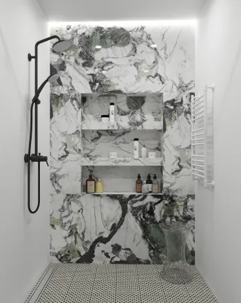 Интерьер ванной с душевой из плитки  смотреть на Basicdecor