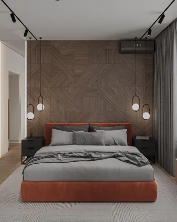 Интерьер спальни с бра над кроватью, светильниками над кроватью, с подсветкой, акцентной стеной за кроватью и акцентными обоями за кроватью  смотреть на Basicdecor