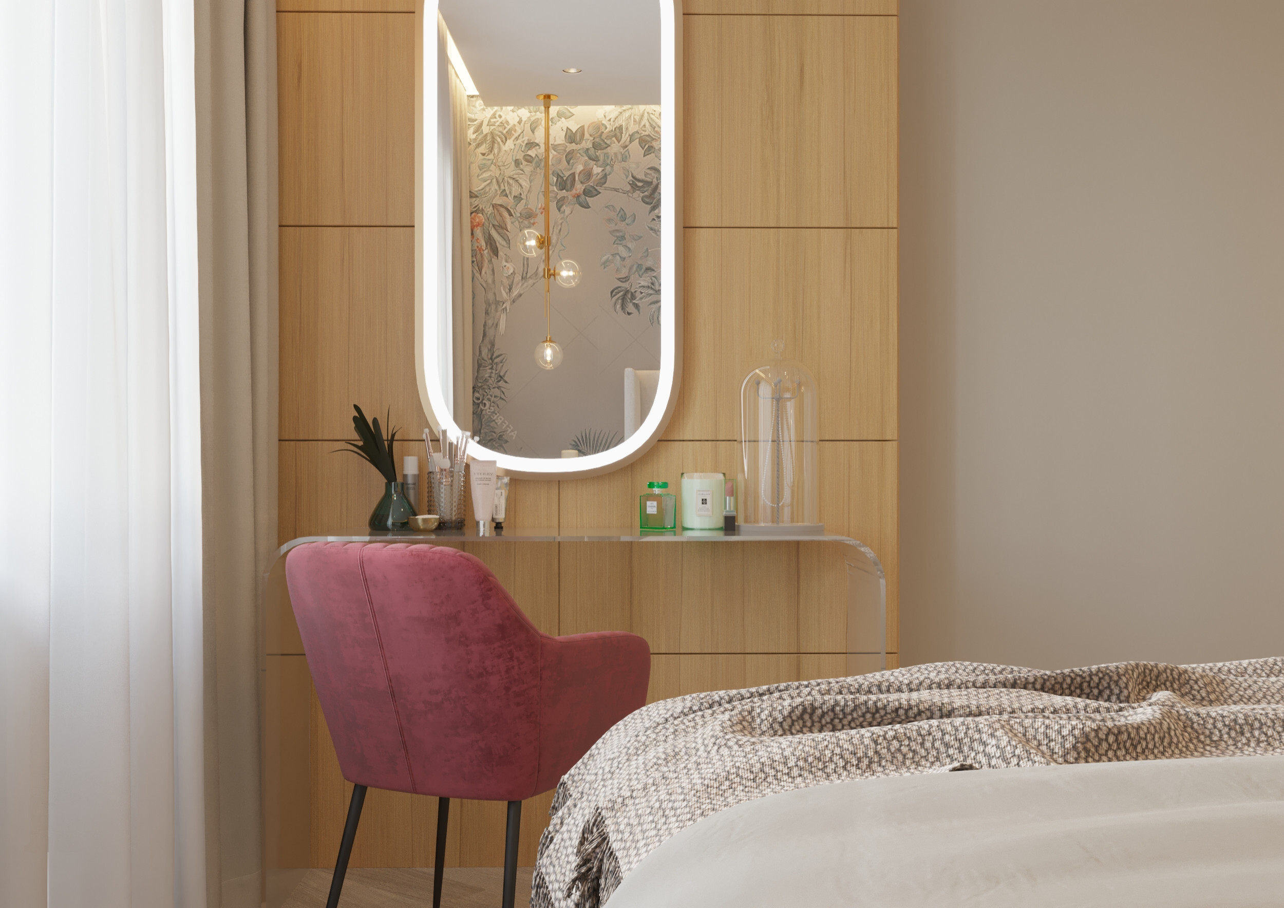 Интерьер спальни с зеркалом на двери в современном стиле
