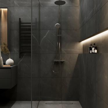 Интерьер ванной с душевой из плитки  смотреть на Basicdecor