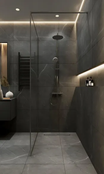Интерьер ванной с душевой из плитки  смотреть на Basicdecor