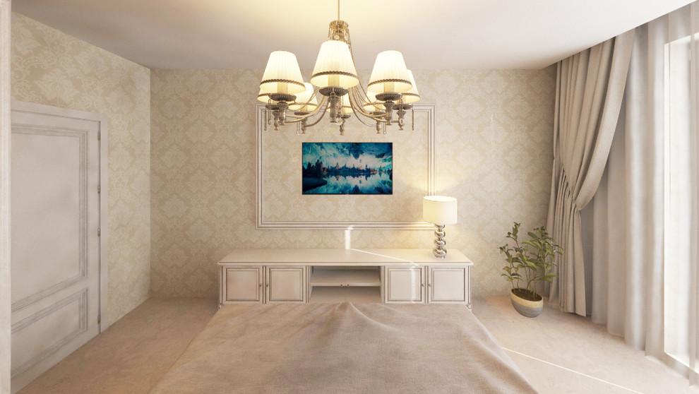 Интерьер спальни с панно за телевизором, керамогранитом на стену с телевизором и подсветкой настенной в классическом стиле