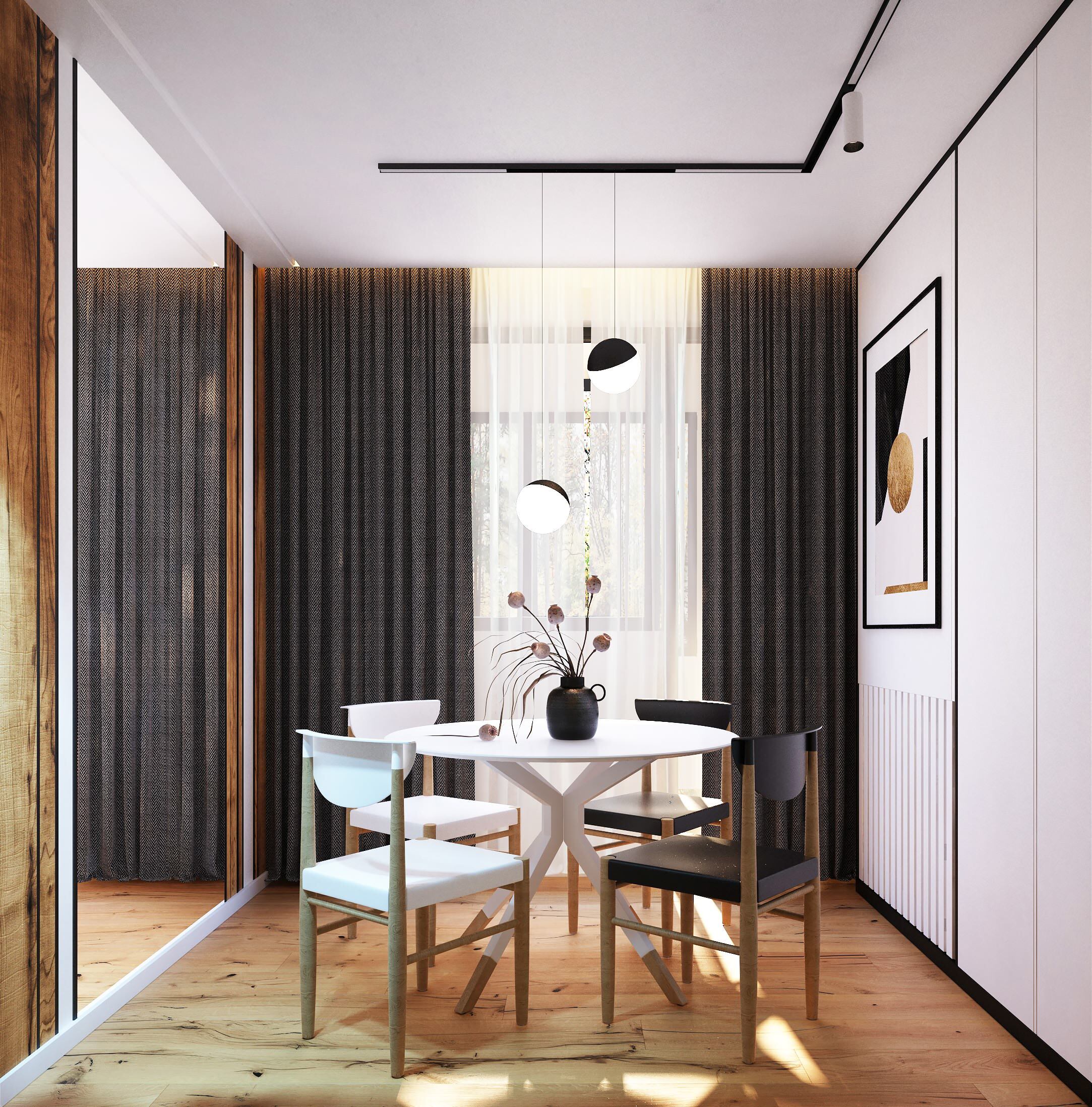 Интерьер столовой cветовыми линиями и вертикальными жалюзи в современном стиле