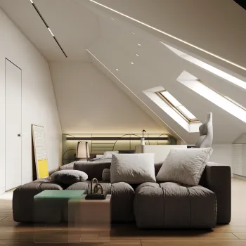 Интерьер гостиной с на мансарде и с подсветкой  смотреть на Basicdecor