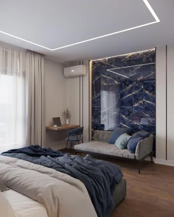 Интерьер спальни с нишей с подсветкой, световыми линиями, светильниками над кроватью и с подсветкой  смотреть на Basicdecor