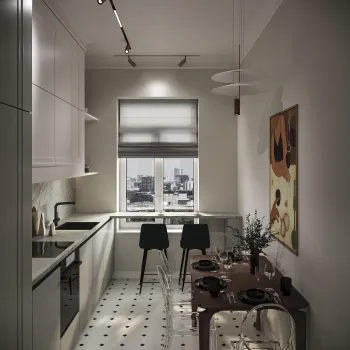 Интерьер кухни с окном и жалюзи  смотреть на Basicdecor