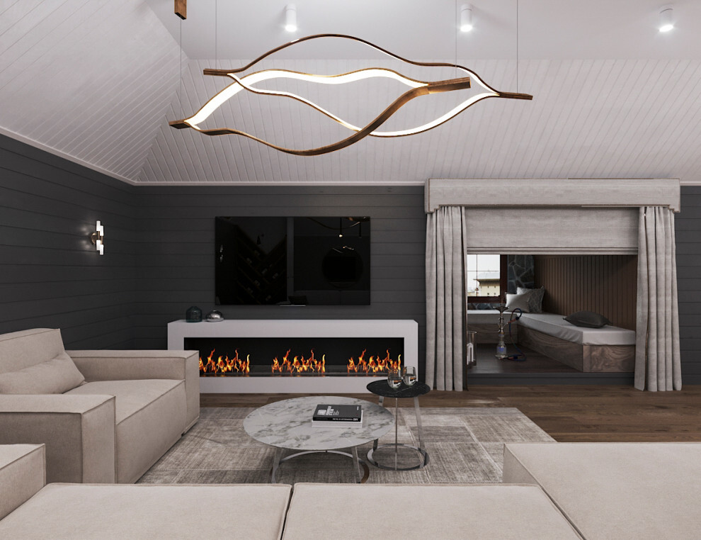 Интерьер гостиной с рейками с подсветкой и подсветкой светодиодной в современном стиле