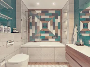Интерьер ванной с душевой из плитки в современном стиле смотреть на Basicdecor