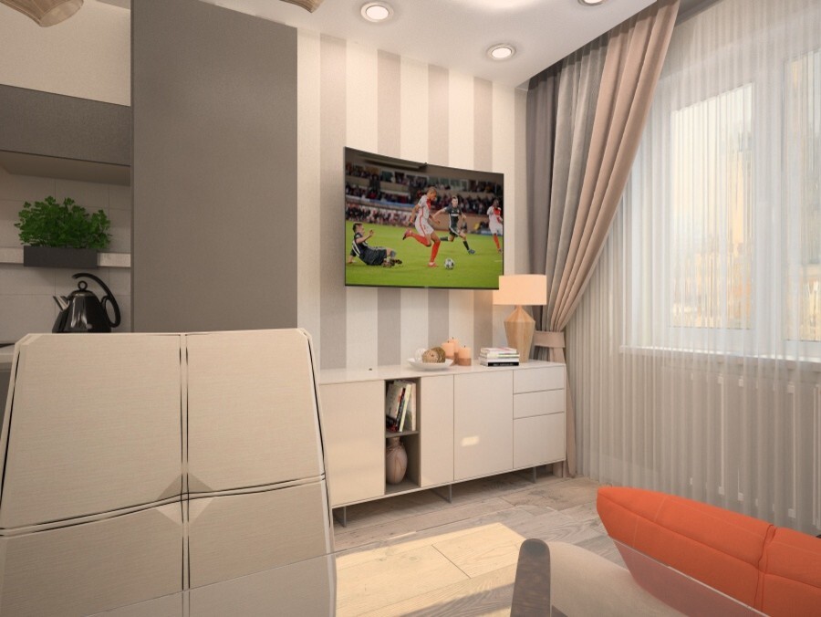 Интерьер с панно за телевизором, стеной с телевизором, телевизором на стене и керамогранитом на стену с телевизором в современном стиле