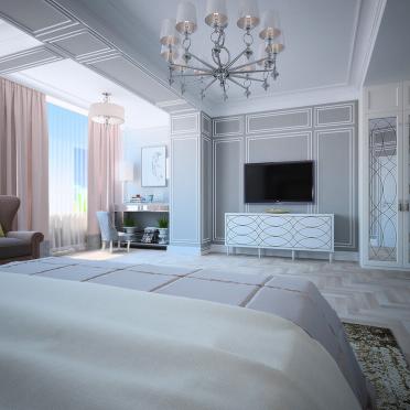 Интерьер спальни c рабочим местом в неоклассике смотреть на Basicdecor