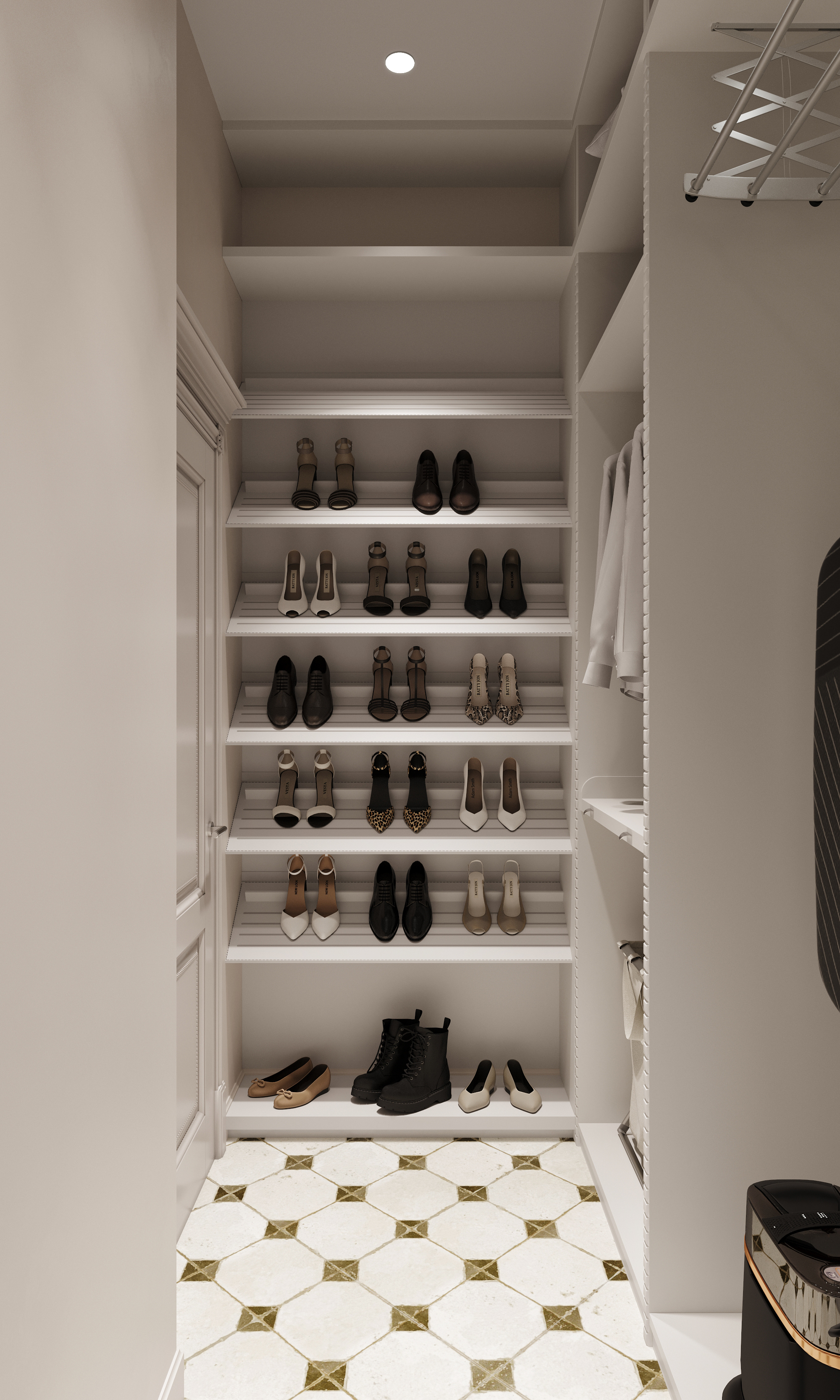 Интерьер гардеробной с хранением обуви