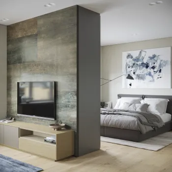 Интерьер спальни с телевизором на стене  смотреть на Basicdecor