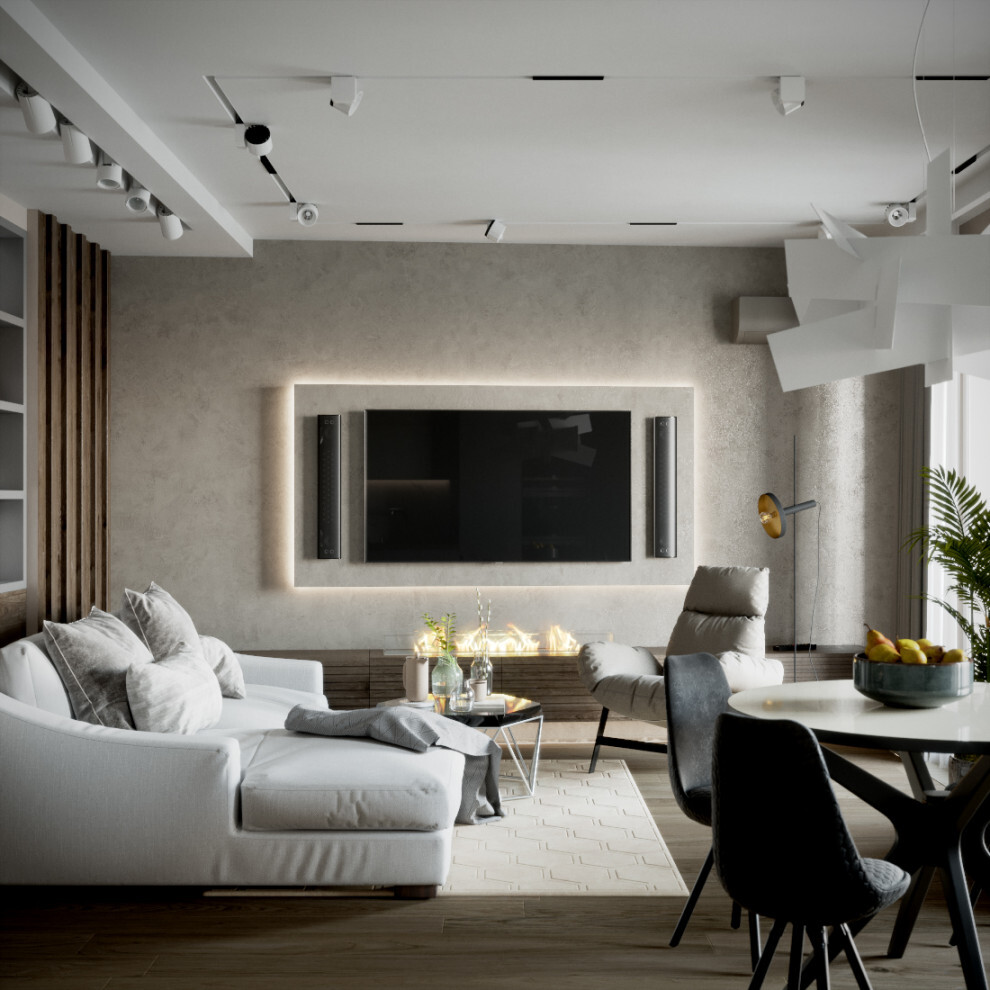 Интерьер гостиной с нишей с подсветкой, керамогранитом на стену с телевизором, подсветкой настенной, подсветкой светодиодной и с подсветкой в современном стиле