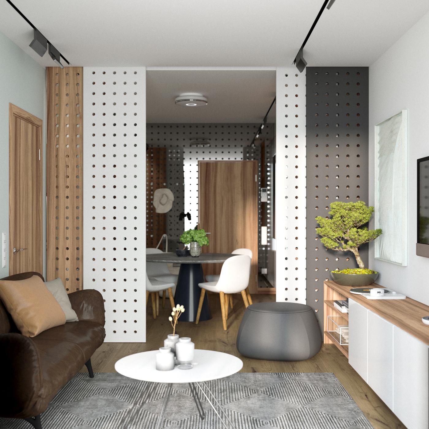 Интерьер гостиной с зонированием, зонированием рейками и open space в стиле лофт