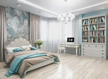 Интерьер спальни c рабочим местом в современном стиле смотреть на Basicdecor