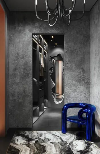 Интерьер прихожей с гардеробной, полом и стены одного цвета, проходной и зеркалом на двери  смотреть на Basicdecor