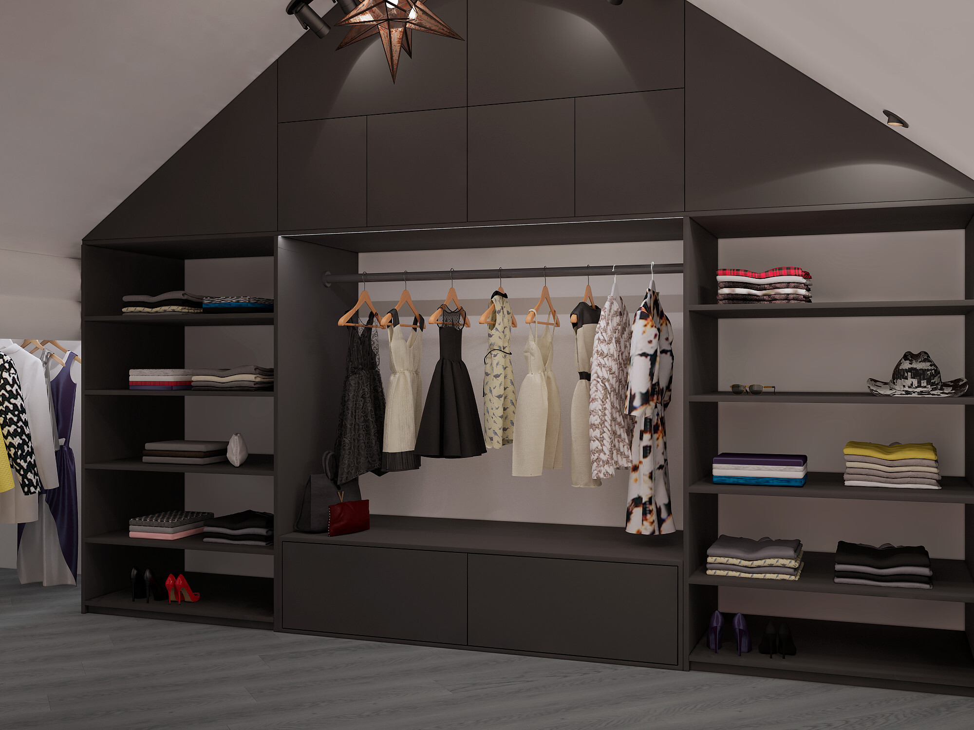 Интерьер с гардеробной, кладовкой, гардеробной со шторой и хранением верхней одежды в скандинавском стиле