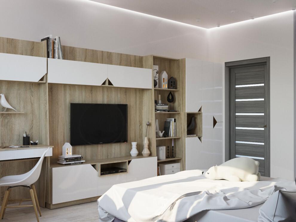 Интерьер спальни с рейками с подсветкой, подсветкой настенной, подсветкой светодиодной и с подсветкой в современном стиле