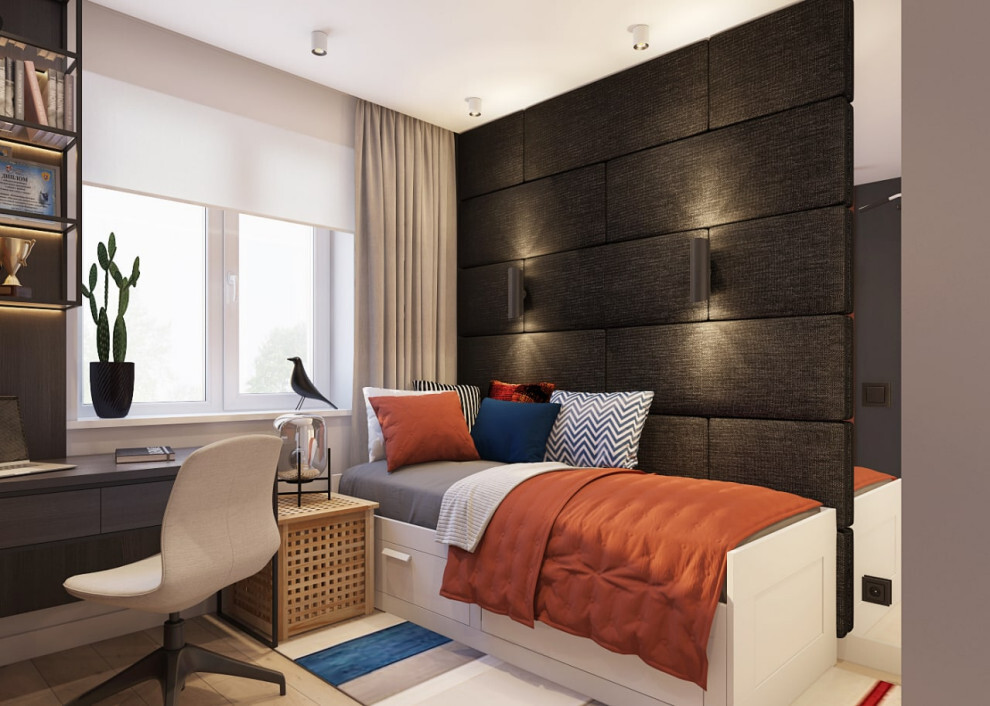 Интерьер спальни c рабочим местом, подсветкой настенной и светильниками над кроватью в современном стиле