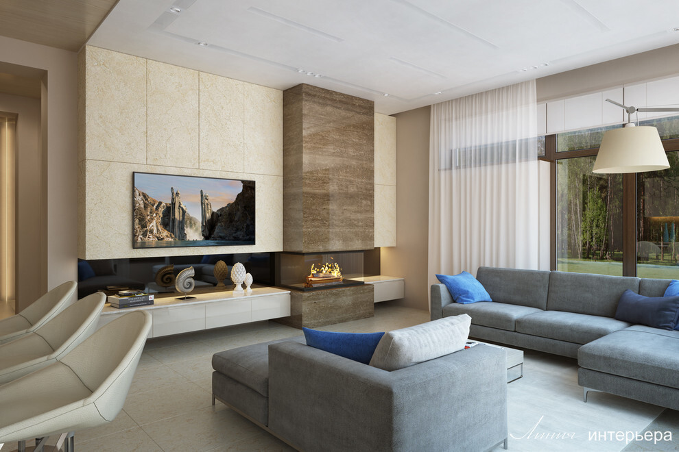 Интерьер гостиной с керамогранитом на стену с телевизором в современном стиле